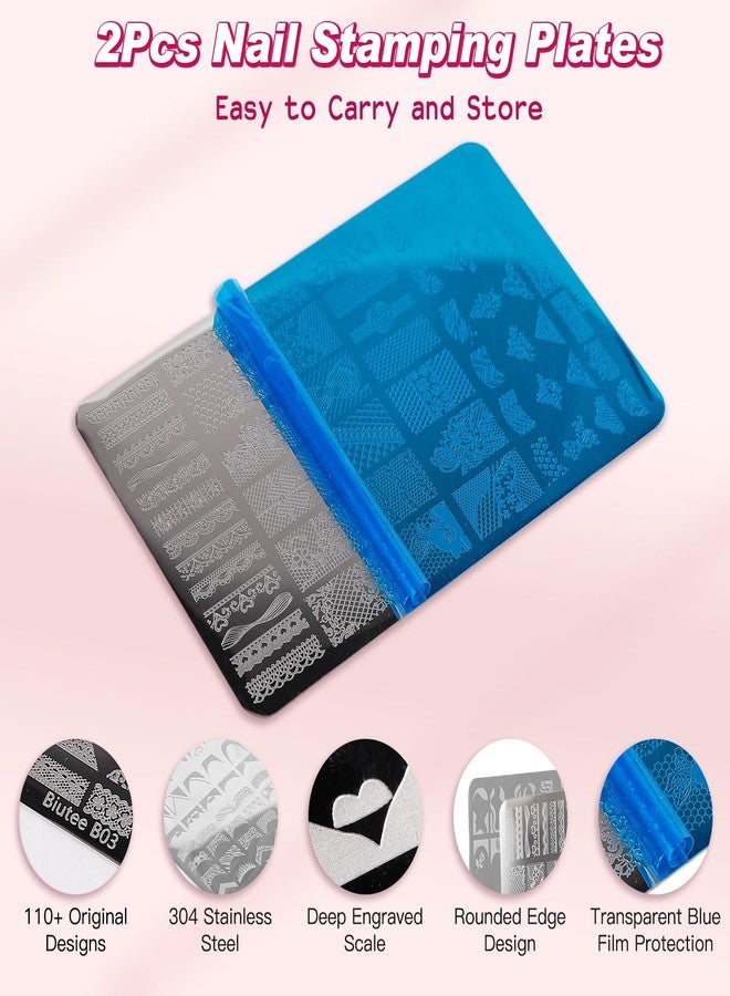 Biutee Nail Stamping Plates 2Pcs French Tip Stamp Plate 110 Patterns Nail Stamping Kit With Silicone Stamper Scraper Large Lace Line Flower Nail Art Stamping Template Christmas Holiday Gift for Women - Image 3